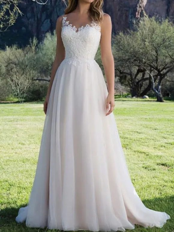 Robe de mariée trapèze col V pailletes jupe en tulle à traîne boutonnée sur dos Robe de mariage