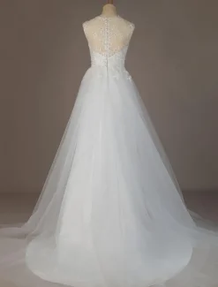 Robe de mariée trapèze ivoire en tulle col rond en dentelle jupe plissée robe de mariage