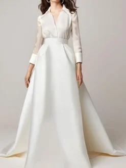 Robe de mariée vintage charleston 2 pièces col V manche longue à traîne