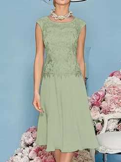 Robe de mère à col bijou manches trois quarts longueur thé robes d'invitées trapèze pour mariage