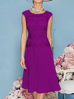 Robe de mère à col bijou manches trois quarts longueur thé robes d'invitées trapèze pour mariage