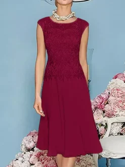 Robe de mère à col bijou manches trois quarts longueur thé robes d'invitées trapèze pour mariage