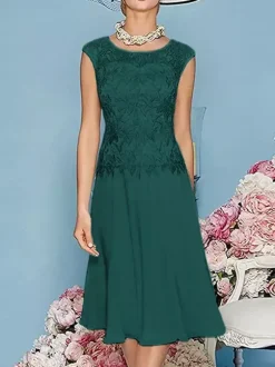 Robe de mère à col bijou manches trois quarts longueur thé robes d'invitées trapèze pour mariage