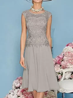 Robe de mère à col bijou manches trois quarts longueur thé robes d'invitées trapèze pour mariage