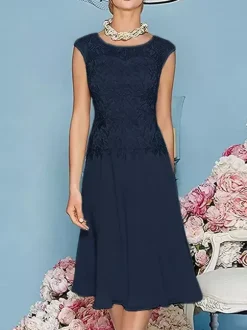 Robe de mère à col bijou manches trois quarts longueur thé robes d'invitées trapèze pour mariage