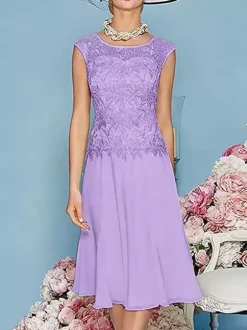 Robe de mère à col bijou manches trois quarts longueur thé robes d'invitées trapèze pour mariage
