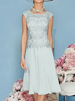 Robe de mère à col bijou manches trois quarts longueur thé robes d'invitées trapèze pour mariage