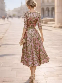 Robe de mère à col en V manches 3/4 coupe trapèze plissée robe d'invitée pour mariage