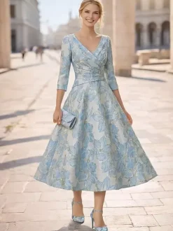 Robe de mère à col en V manches 3/4 coupe trapèze plissée robe d'invitée pour mariage