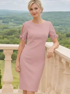 Robe de mère à col rond manches courtes et petits n艙uds robe d'invitée de mariage