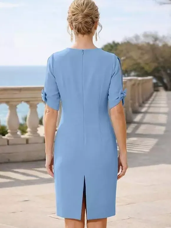 Robe de mère à col rond manches courtes et petits n艙uds robe d'invitée de mariage