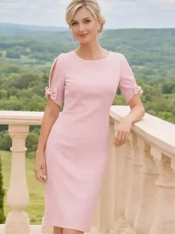 Robe de mère à col rond manches courtes et petits n艙uds robe d'invitée de mariage
