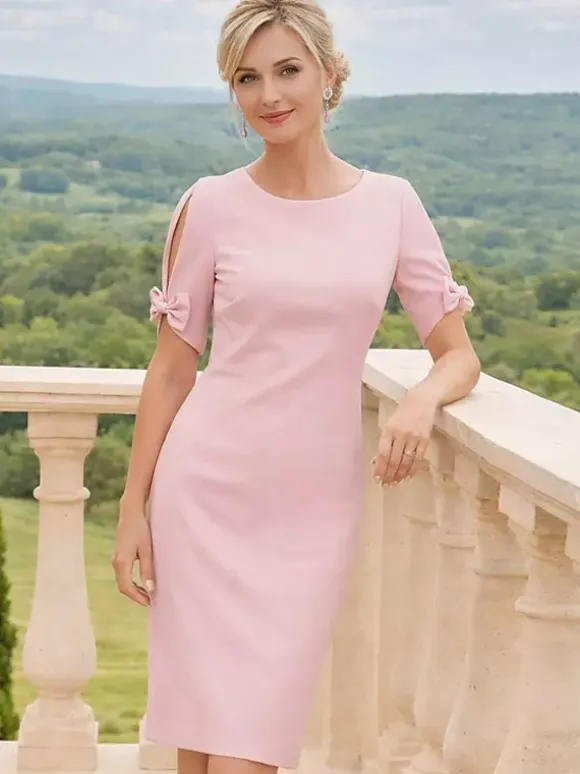 Robe de mère à col rond manches courtes et petits n艙uds robe d'invitée de mariage