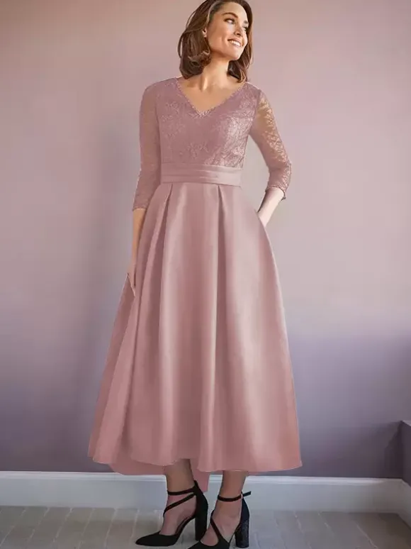 Robe de mère col en V demi-manches trapèze robes d'invitées de mariage perlées
