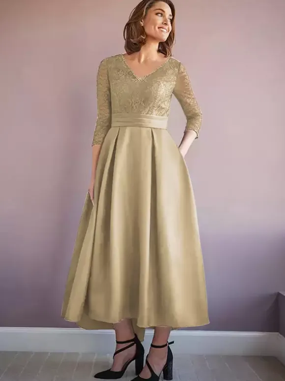 Robe de mère col en V demi-manches trapèze robes d'invitées de mariage perlées
