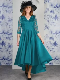 Robe de mère col en V manches 3/4 ligne a dentelle longueur thé robes d'invitées de mariage