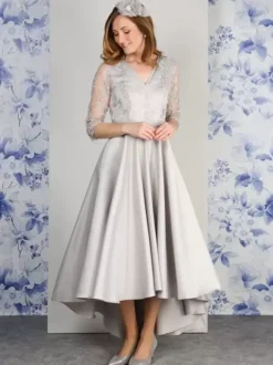 Robe de mère col en V manches 3/4 ligne a dentelle longueur thé robes d'invitées de mariage