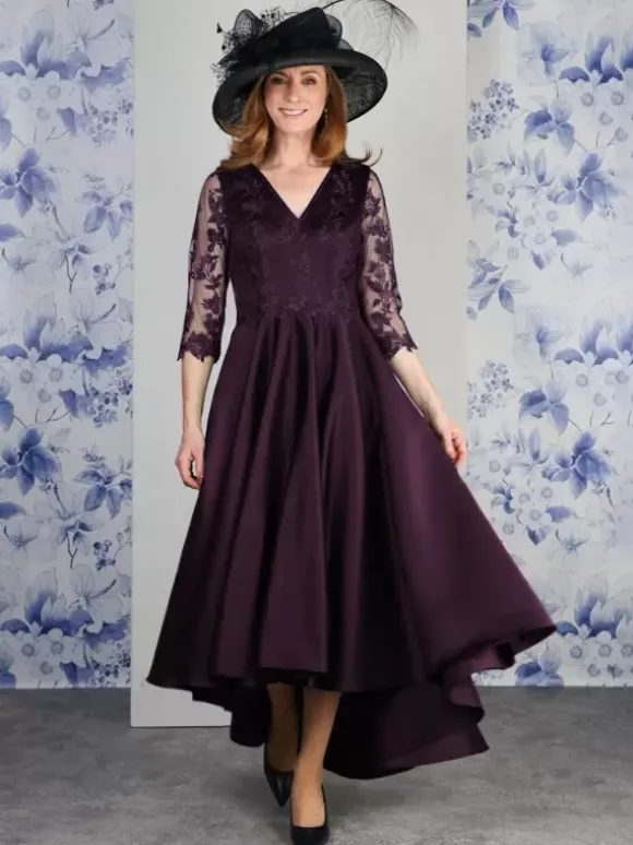 Robe de mère col en V manches 3/4 ligne a dentelle longueur thé robes d'invitées de mariage