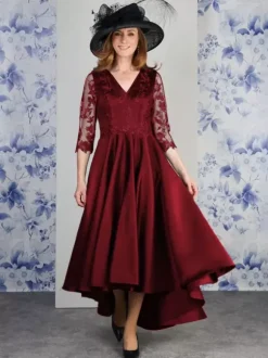 Robe de mère col en V manches 3/4 ligne a dentelle longueur thé robes d'invitées de mariage
