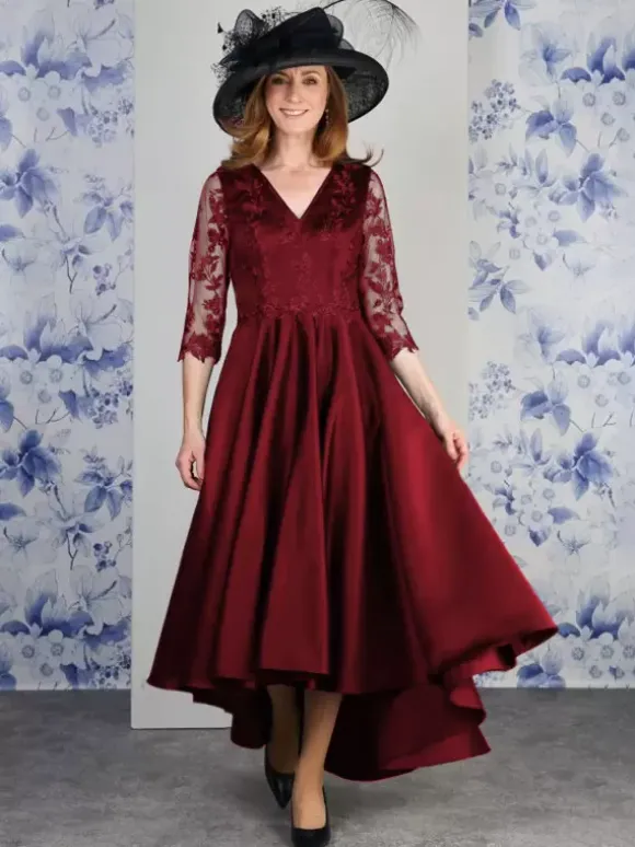 Robe de mère col en V manches 3/4 ligne a dentelle longueur thé robes d'invitées de mariage