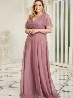 Robe de mère col en V manches courtes ligne a plissée robes d'invitées de mariage