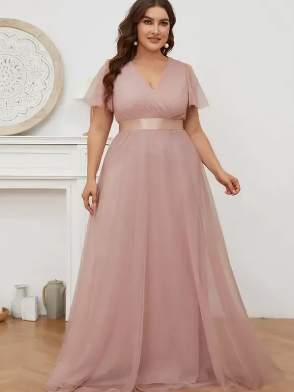 Robe de mère col en V manches courtes ligne a plissée robes d'invitées de mariage