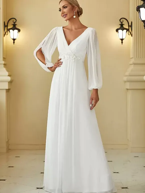 Robe de mère col en V manches longues ligne a robes d'invitées de mariage appliquées