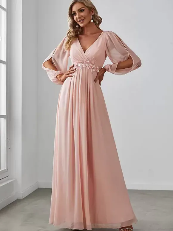 Robe de mère col en V manches longues ligne a robes d'invitées de mariage appliquées