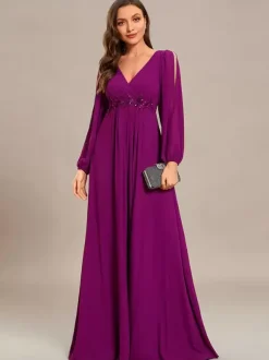 Robe de mère col en V manches longues ligne a robes d'invitées de mariage appliquées