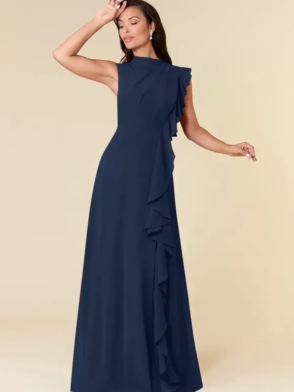 Robe de mère col haut sans manches ligne a plissée robes d'invitées de mariage