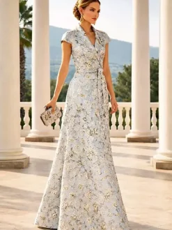 Robe de mère décolleté travaillé manches courtes coupe trapèze ceinture robe d'invitée de mariage
