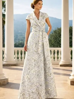 Robe de mère décolleté travaillé manches courtes coupe trapèze ceinture robe d'invitée de mariage