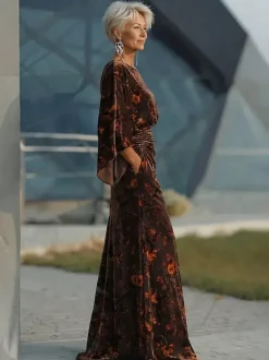 Robe de mère de la mariée col bijou manches 3/4 robe de bal plissée robe d'invitée de mariage