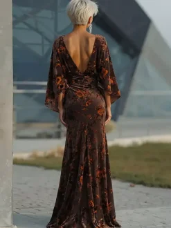 Robe de mère de la mariée col bijou manches 3/4 robe de bal plissée robe d'invitée de mariage