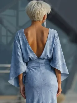Robe de mère de la mariée col bijou manches 3/4 robe de bal plissée robe d'invitée de mariage
