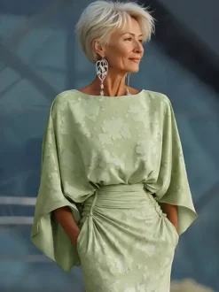 Robe de mère de la mariée col bijou manches 3/4 robe de bal plissée robe d'invitée de mariage