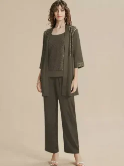 Robe de mère de la mariée col bijou manches 3/4 dentelle longueur cheville pour invitée de mariage