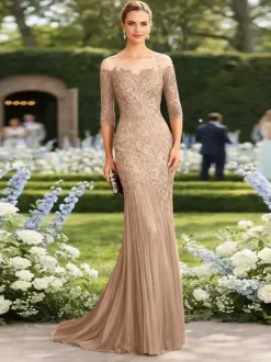 Robe de mère de la mariée décolleté illusion manches courtes coupe sirène plissée avec traîne robe d'invitée pour un mariage
