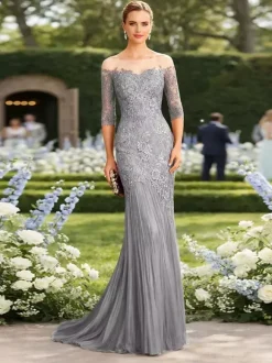 Robe de mère de la mariée décolleté illusion manches courtes coupe sirène plissée avec traîne robe d'invitée pour un mariage