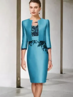 Robe de mère de mariée 2 pièces robe col rond manche longue zip sur dos avec manteau