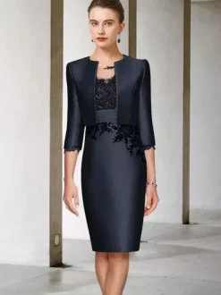 Robe de mère de mariée 2 pièces robe col rond manche longue zip sur dos avec manteau