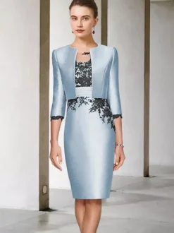 Robe de mère de mariée 2 pièces robe col rond manche longue zip sur dos avec manteau