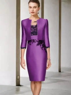 Robe de mère de mariée 2 pièces robe col rond manche longue zip sur dos avec manteau