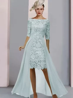Robe de mère de mariée col bateau demie-manche en dentelle robe d'invitée mariage