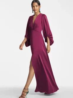 Robe de mère de mariée col en V manches 3/4 jupe fendue robe d'invitée de mariage