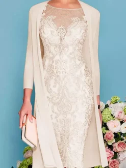Robe de mère de mariée col rond manche longue en dentelle deux pièces au genou Robe de cocktail de mariage