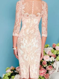 Robe de mère de mariée col rond manche longue en dentelle deux pièces au genou Robe de cocktail de mariage