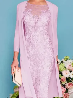 Robe de mère de mariée col rond manche longue en dentelle deux pièces au genou Robe de cocktail de mariage