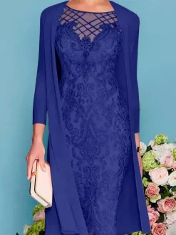 Robe de mère de mariée col rond manche longue en dentelle deux pièces au genou Robe de cocktail de mariage