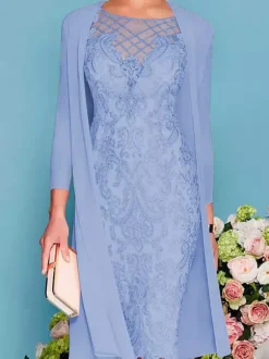 Robe de mère de mariée col rond manche longue en dentelle deux pièces au genou Robe de cocktail de mariage